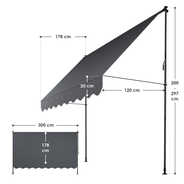 MARKIZA 300x120 CM ROZPOROWA BALKONOWA TELESKOPOWA TARASOWA ROLETA ANTRACYT