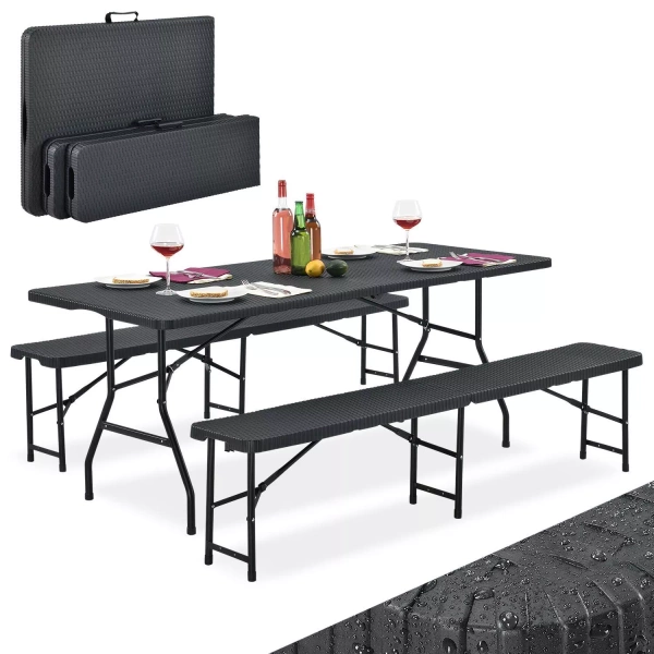 ZESTAW OGRODOWY CATERINGOWY PIWNY BANKIETOWY STÓŁ 180 CM + 2x ŁAWKA RATTAN