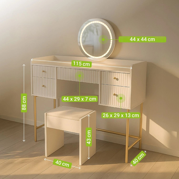 TOALETKA KOSMETYCZNA Z LUSTREM LED DO MAKIJAŻU WIZAŻU BIAŁA + ZŁOTO + PUFA