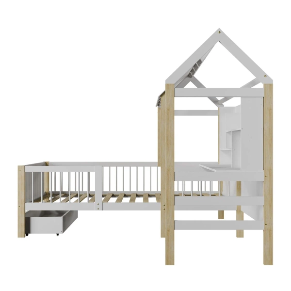 ŁÓŻKO DZIECIECE DOMEK YARI 90x200 CM Z BIURKIEM DLA DZIECKA BIAŁE NATURALNE