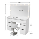 TOALETKA KOSMETYCZNA LILIA Z LED, LUSTREM I 7 SZUFLADAMI BIAŁA + HOKER TONIA 