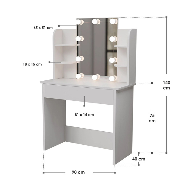 TOALETKA KOSMETYCZNA Z LUSTREM 10x LED DO MAKIJAŻU WIZAŻU BIAŁA 90x40x140CM