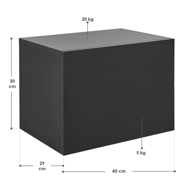 WISZĄCA SZAFKA NOCNA 2 SZUFLADY 40x29x30 CM CZARNY MAT NOWOCZESNA