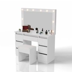 TOALETKA KOSMETYCZNA LILIA Z LED, LUSTREM I 7 SZUFLADAMI BIAŁA + PUFA MELLY