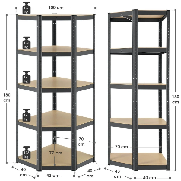 REGAŁ NAROŻNY MAGAZYNOWY METALOWY 180x70x70 CM 875KG PÓŁKI PIWNICA SZARY