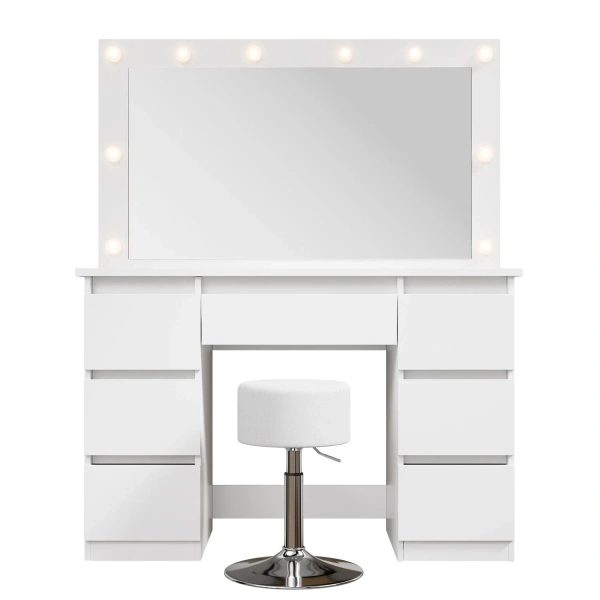 TOALETKA KOSMETYCZNA LILIA Z LED LUSTREM 7 SZUFLADAMI BIAŁA + HOKER TONIA 