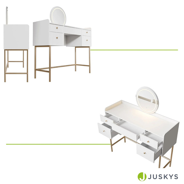 TOALETKA KOSMETYCZNA Z LUSTREM LED DO MAKIJAŻU WIZAŻU BIAŁA + ZŁOTO + HOKER