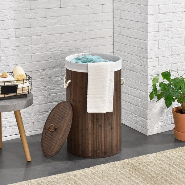 OKRĄGŁY KOSZ NA PRANIE BAMBUS 55L Z POKRYWĄ I WORKIEM NATURALNY EKO BRĄZOWY