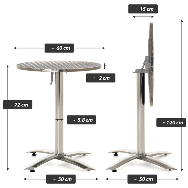 SKŁADANY STÓŁ BISTRO OKRĄGŁY 60CM SREBRNY NA OGRÓD TARAS BALKON ALUMINIUM
