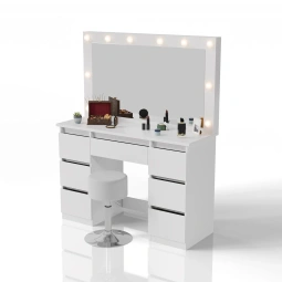 TOALETKA KOSMETYCZNA LILIA Z LED LUSTREM 7 SZUFLADAMI BIAŁA + HOKER TONIA