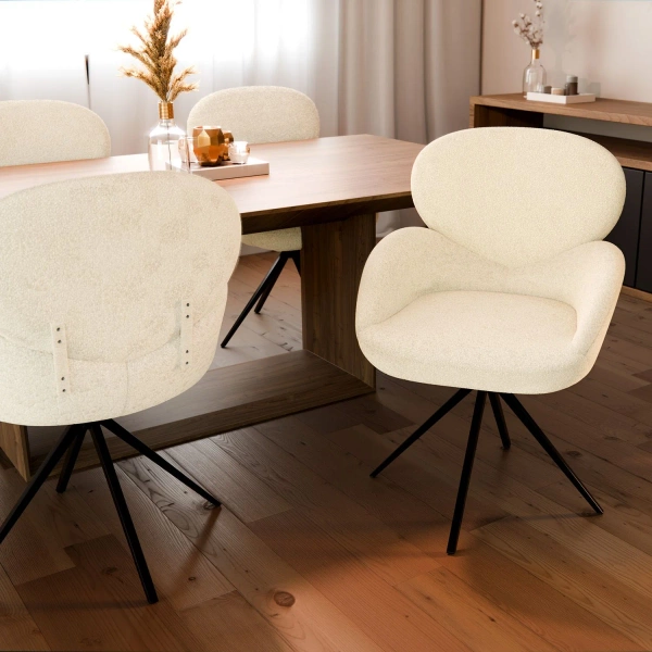 6x KRZESŁO TAPICEROWANE 360° DO SALONU JADALNI BEŻOWE ECRU KREMOWE BOUCLE