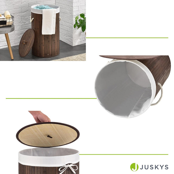 OKRĄGŁY KOSZ NA PRANIE BAMBUS 55L Z POKRYWĄ I WORKIEM NATURALNY EKO BRĄZOWY