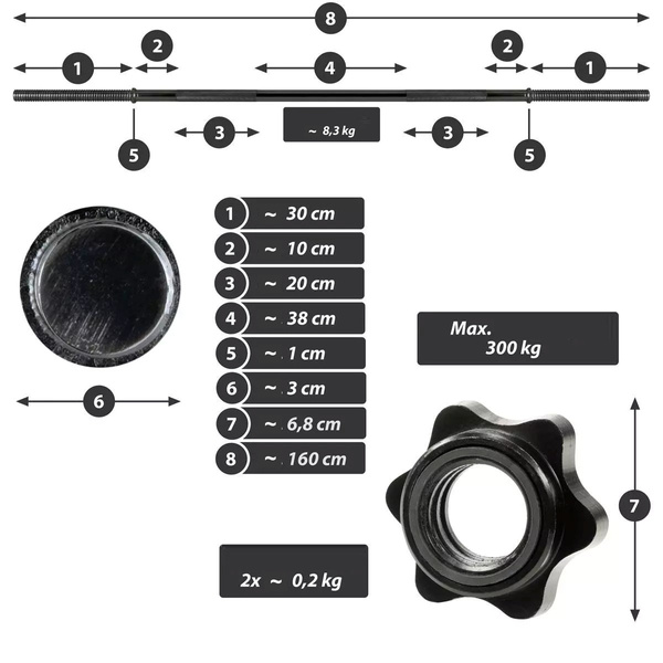 GRYF PROSTY Z GWINTEM 160 CM / 30 MM CZARNA SZTANGA
