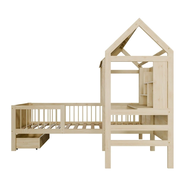 ŁÓŻKO DZIECIECE DOMEK YARI 90x200 CM SZUFLADA BIURKO DLA DZIECKA NATURALNE