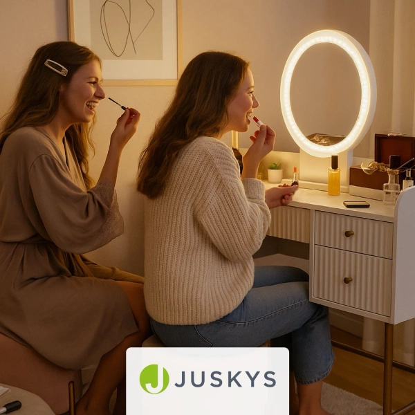 TOALETKA KOSMETYCZNA Z LUSTREM LED DO MAKIJAŻU WIZAŻU BIAŁA + ZŁOTO + HOKER