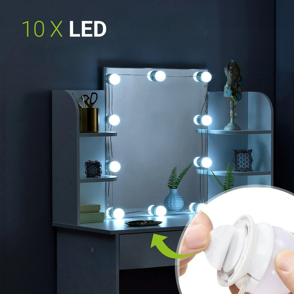 TOALETKA KOSMETYCZNA Z LUSTREM 10x LED DO MAKIJAŻU WIZAŻU BIAŁA 90x40x140CM