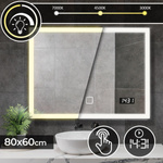 LUSTRO 80x60 CM ŁAZIENKOWE WISZĄCE ŚCIENNE Z OŚWIELTENIEM LED ZEGAREM