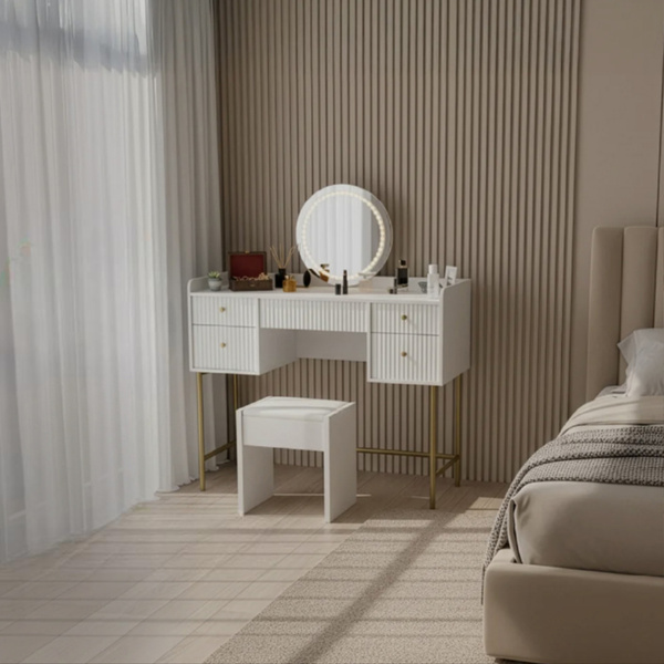 TOALETKA KOSMETYCZNA Z LUSTREM LED DO MAKIJAŻU WIZAŻU BIAŁA + ZŁOTO