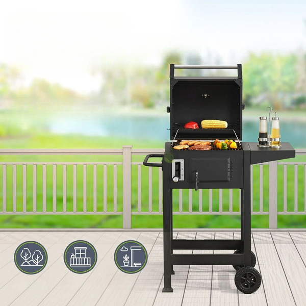 GRILL WĘGLOWY BBQ Z TERMOMETREM RUSZTEM POKRYWĄ I POKROWCEM MISSOURI 86CM