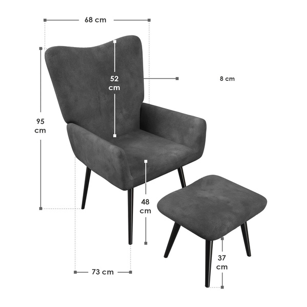 FOTEL USZAK Z PODNÓŻKIEM WYPOCZYNKOWY SKANDYNAWSKI STYL SZARY SZTRUKS