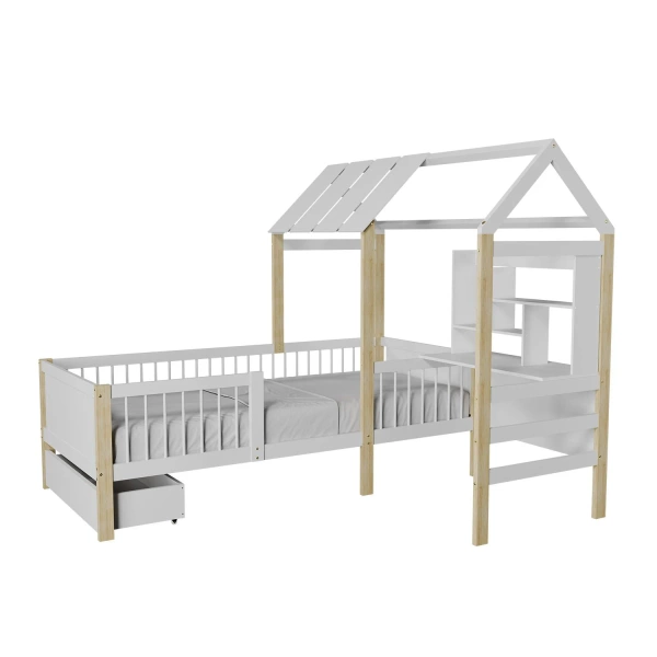 ŁÓŻKO DZIECIECE DOMEK YARI 90x200 CM Z BIURKIEM DLA DZIECKA BIAŁE NATURALNE