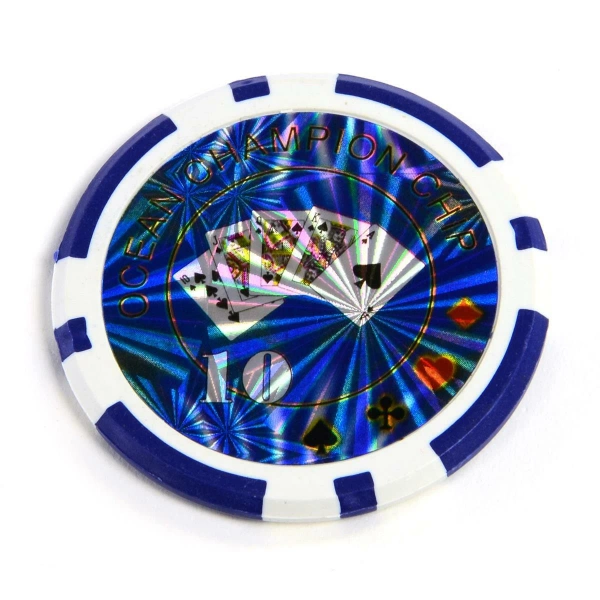 50x ŻETONY LASEROWE 12G WARTOŚĆ 10 DO POKERA RDZEŃ METAL CHIPS OCEAN BLUE