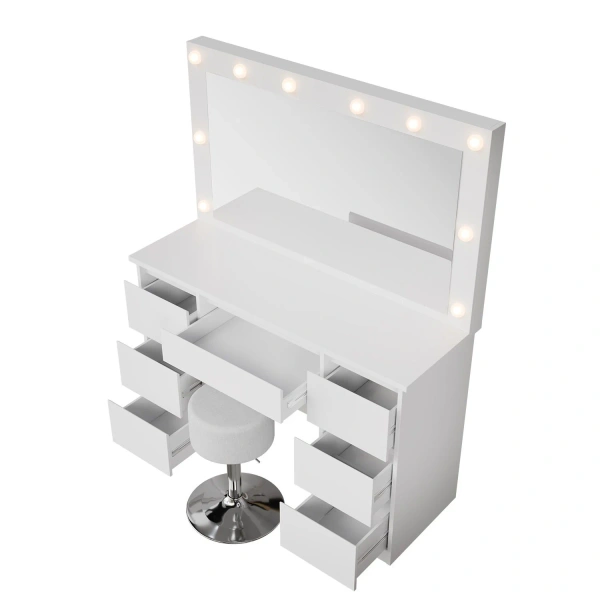 TOALETKA KOSMETYCZNA LILIA Z LED LUSTREM 7 SZUFLADAMI BIAŁA + HOKER TONIA 
