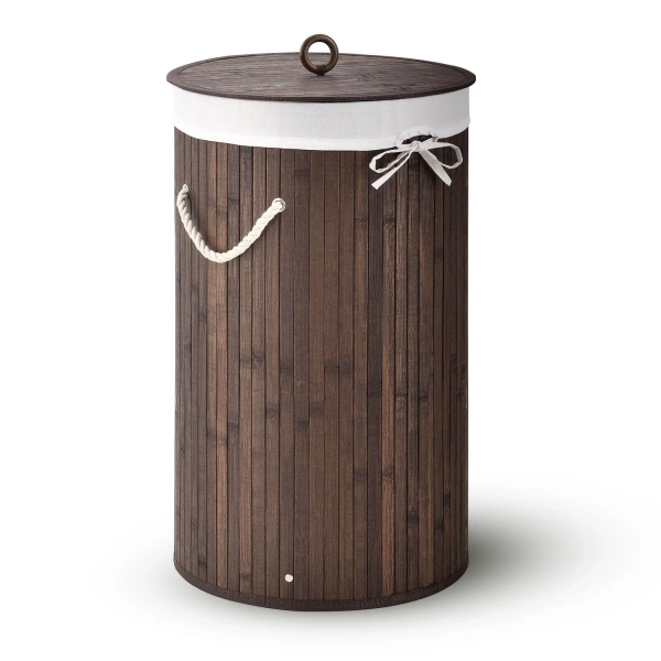 OKRĄGŁY KOSZ NA PRANIE BAMBUS 55L Z POKRYWĄ I WORKIEM NATURALNY EKO BRĄZOWY