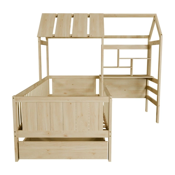 ŁÓŻKO DZIECIECE DOMEK YARI 90x200 CM SZUFLADA BIURKO DLA DZIECKA NATURALNE