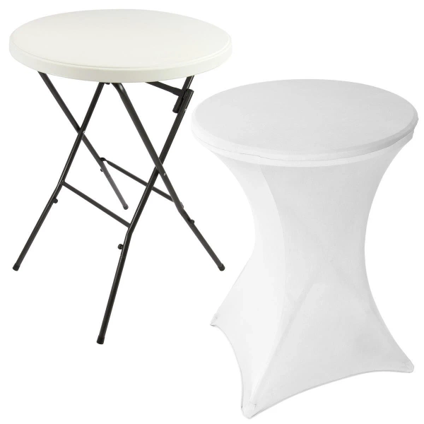 STÓŁ KOKTAJLOWY TARGOWY BANKIETOWY BISTRO SKŁADANY BIAŁY Ø80CM + POKROWIEC