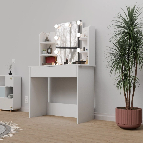 TOALETKA KOSMETYCZNA Z LUSTREM 10x LED DO MAKIJAŻU WIZAŻU BIAŁA 90x40x140CM