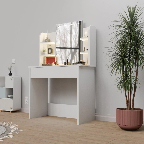 TOALETKA KOSMETYCZNA Z LUSTREM LED DO MAKIJAŻU WIZAŻU BIAŁA 90x40x140 CM