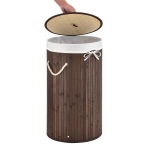 OKRĄGŁY KOSZ NA PRANIE BAMBUS 55L Z POKRYWĄ I WORKIEM NATURALNY EKO BRĄZOWY