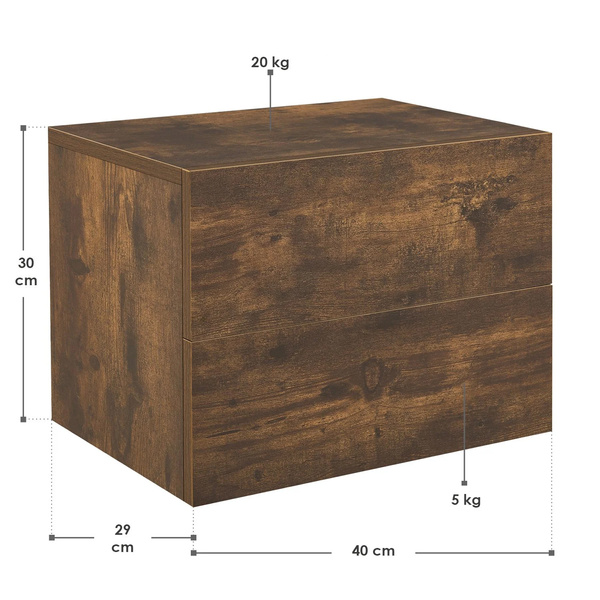 WISZĄCA SZAFKA NOCNA 2 SZUFLADY 40x29x30 CM DREWNOPODOBNA RUSTYKALNA