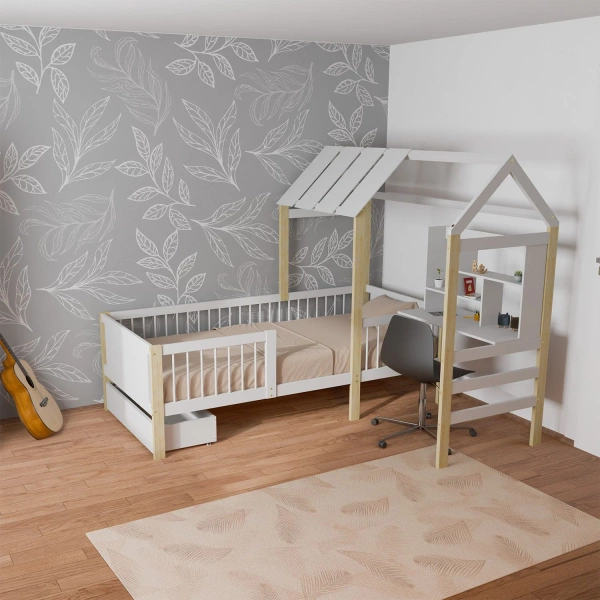 ŁÓŻKO DZIECIECE DOMEK YARI 90x200 CM Z BIURKIEM DLA DZIECKA BIAŁE NATURALNE