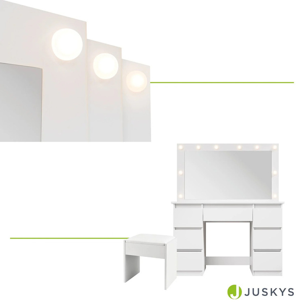 TOALETKA KOSMETYCZNA LILIA Z LED, LUSTREM I 7 SZUFLADAMI BIAŁA + PUFA MELLY