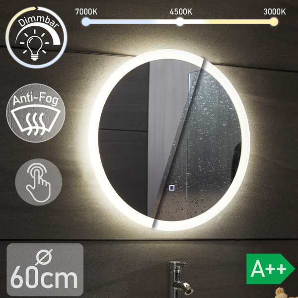  LUSTRO OKRĄGŁE 60 CM ŁAZIENKOWE BEZRAMKOWE Z OŚWIELTENIEM LED I ANTI-FOG