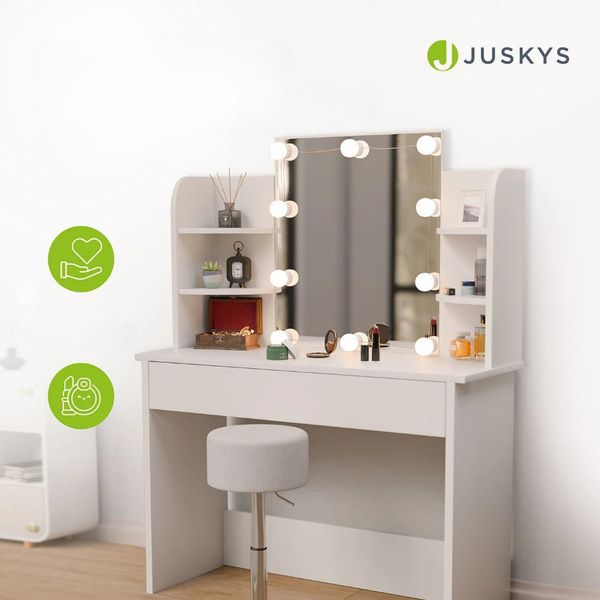 TOALETKA KOSMETYCZNA Z LUSTREM 10x LED DO MAKIJAŻU WIZAŻU BIAŁA 90x40x140CM