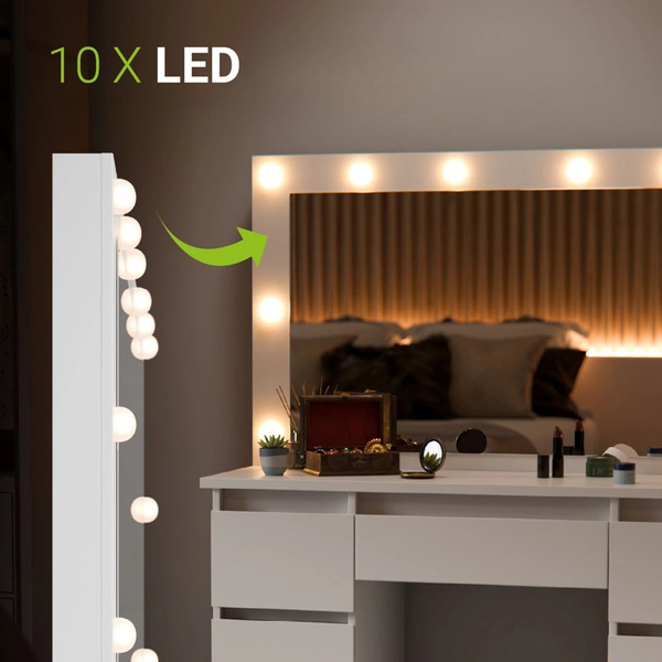 TOALETKA KOSMETYCZNA LILIA Z LED, LUSTREM I 7 SZUFLADAMI BIAŁA + HOKER TONIA 