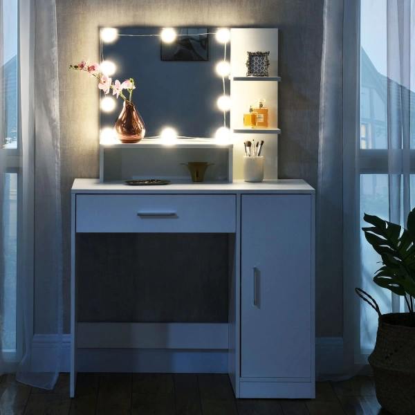 TOALETKA KOSMETYCZNA Z LUSTREM LED DO MAKIJAŻU WIZAŻU BIAŁA ZOEY 90x38x137