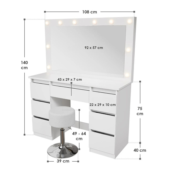 TOALETKA KOSMETYCZNA LILIA Z LED LUSTREM 7 SZUFLADAMI BIAŁA + HOKER TONIA 
