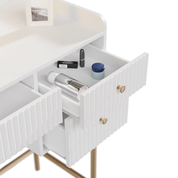 TOALETKA KOSMETYCZNA Z LUSTREM LED DO MAKIJAŻU WIZAŻU BIAŁA + ZŁOTO + PUFA