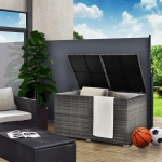 SKRZYNIA OGRODOWA 950L Z TECHNORATTANU NA TARAS BALKON PODUSZKI KOCE SZARA