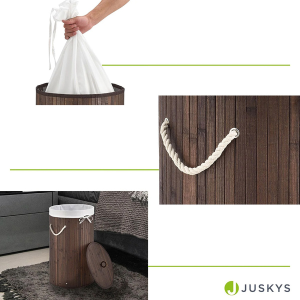 OKRĄGŁY KOSZ NA PRANIE BAMBUS 55L Z POKRYWĄ I WORKIEM NATURALNY EKO BRĄZOWY