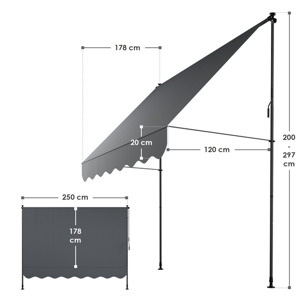 MARKIZA 250x120 CM ROZPOROWA BALKONOWA TELESKOPOWA TARASOWA ROLETA ANTRACYT