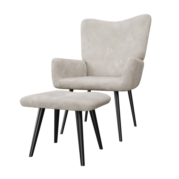 FOTEL USZAK Z PODNÓŻKIEM WYPOCZYNKOWY SKANDYNAWSKI STYL BEŻOWY SZTRUKS