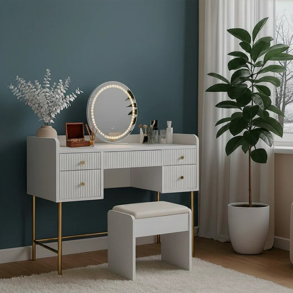 TOALETKA KOSMETYCZNA Z LUSTREM LED DO MAKIJAŻU WIZAŻU BIAŁA + ZŁOTO + PUFA
