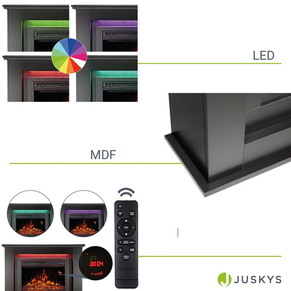 KOMINEK ELEKTRYCZNY 2000W CZARNY Z EFEKTEM PŁOMIENIA 2 TRYBY GRZANIA + LED