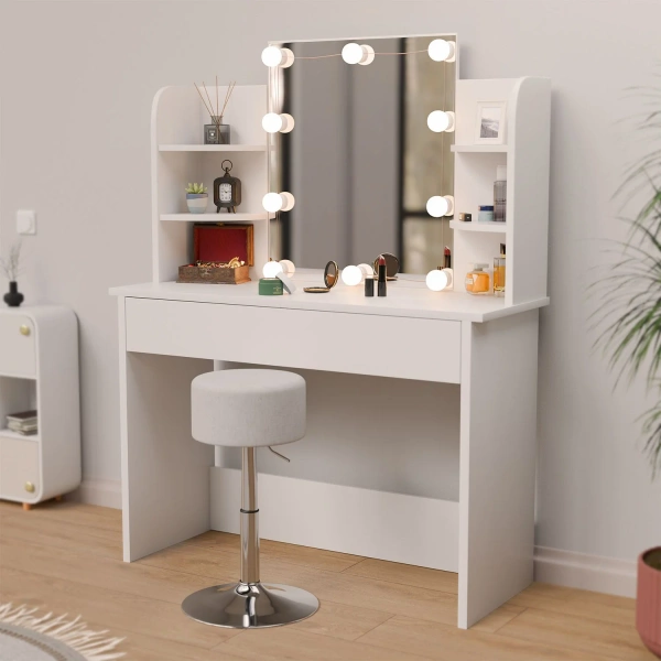 TOALETKA KOSMETYCZNA BELLA Z LUSTREM I LED USB SZAFKĄ SZUFLADĄ DO MAKIJAŻU