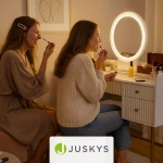 TOALETKA KOSMETYCZNA Z LUSTREM LED DO MAKIJAŻU WIZAŻU BIAŁA + ZŁOTO + HOKER